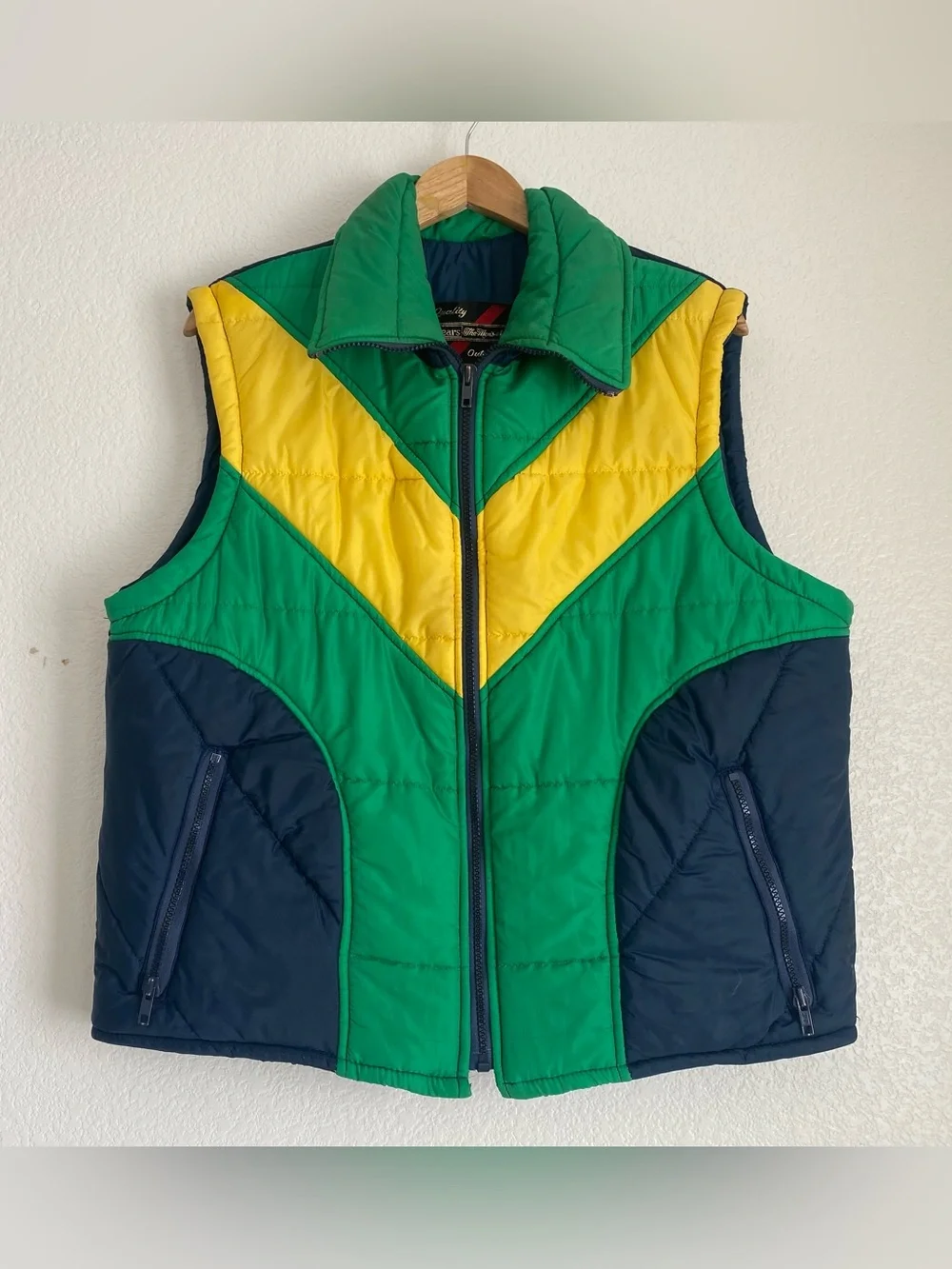 Vintage Sears Outerwear blue yellow navy colorblocking puffer vest, L